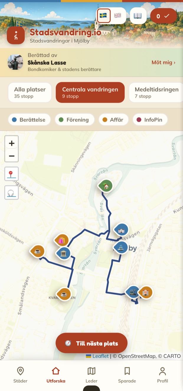 Skärmbild inifrån appen: Centrala vandringen i Mjölby — en led med numrerade, färgkodade stopp utritad på kartan.